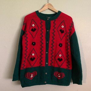 Vintage 90s Cieli Blue Holiday Cottagecore Wool Cardigan Hand Knit -Sz Large